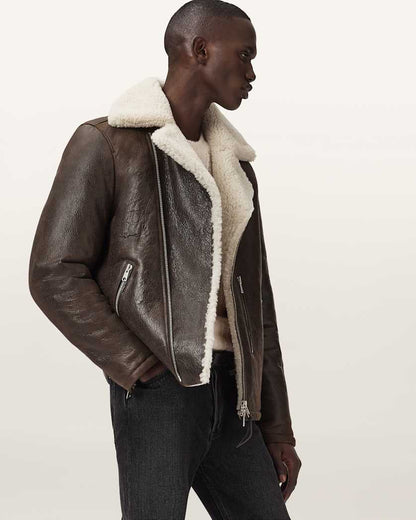 AllSaints Xylon Shearling Biker Jacket Barkwood Brown