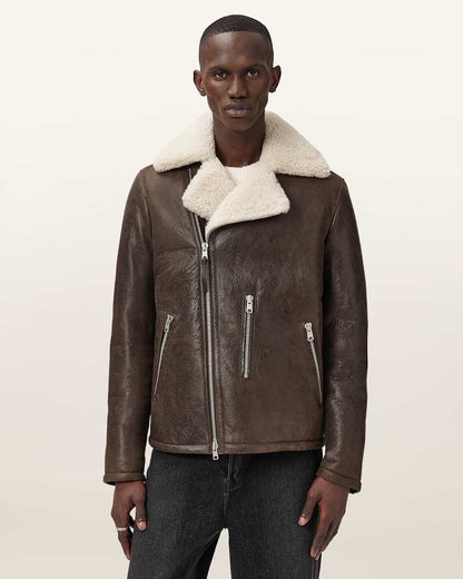 AllSaints Xylon Shearling Biker Jacket Barkwood Brown