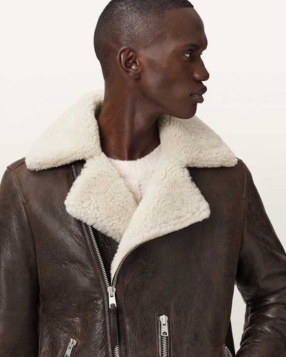 AllSaints Xylon Shearling Biker Jacket Barkwood Brown