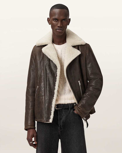 AllSaints Xylon Shearling Biker Jacket Barkwood Brown