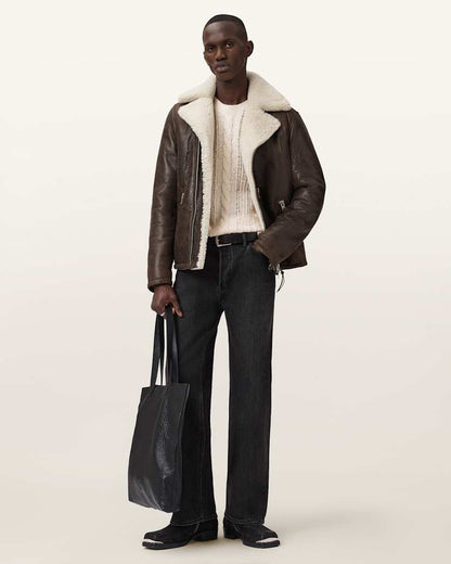 AllSaints Xylon Shearling Biker Jacket Barkwood Brown