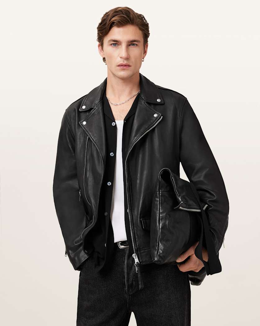 AllSaints Milo Asymmetric Zip Leather Biker Jacket Black