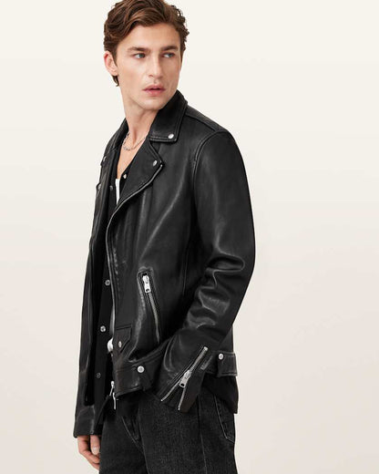 AllSaints Milo Asymmetric Zip Leather Biker Jacket Black
