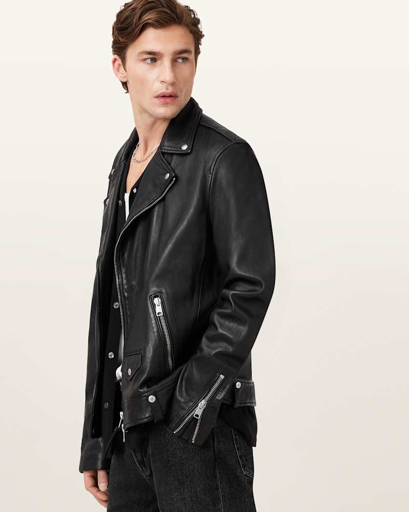 AllSaints Milo Asymmetric Zip Leather Biker Jacket Black