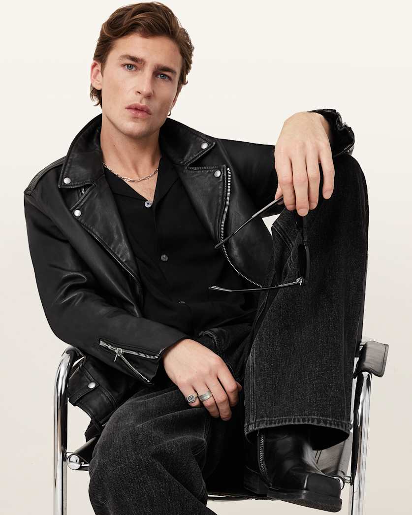 AllSaints Milo Asymmetric Zip Leather Biker Jacket Black