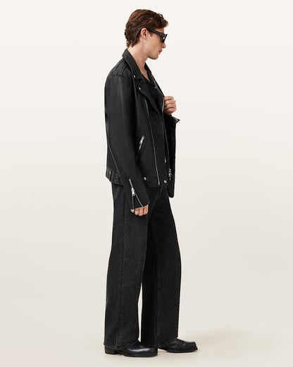 AllSaints Milo Asymmetric Zip Leather Biker Jacket Black