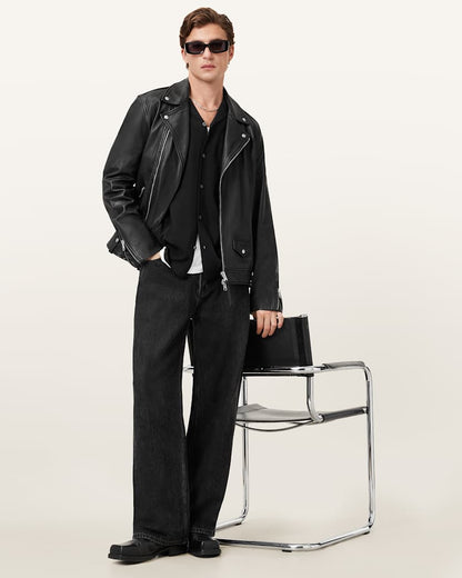 AllSaints Milo Asymmetric Zip Leather Biker Jacket Black