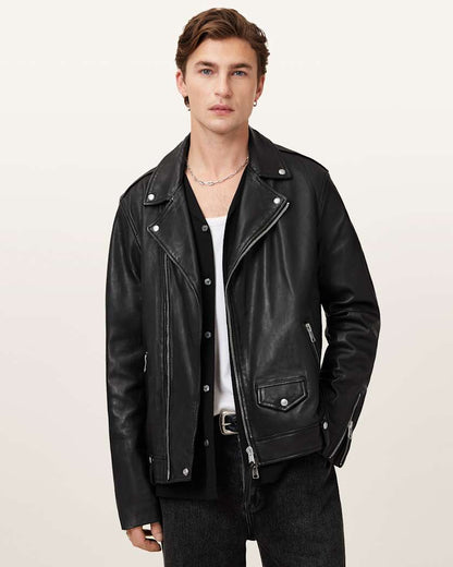 AllSaints Milo Asymmetric Zip Leather Biker Jacket Black