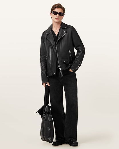 AllSaints Milo Asymmetric Zip Leather Biker Jacket Black