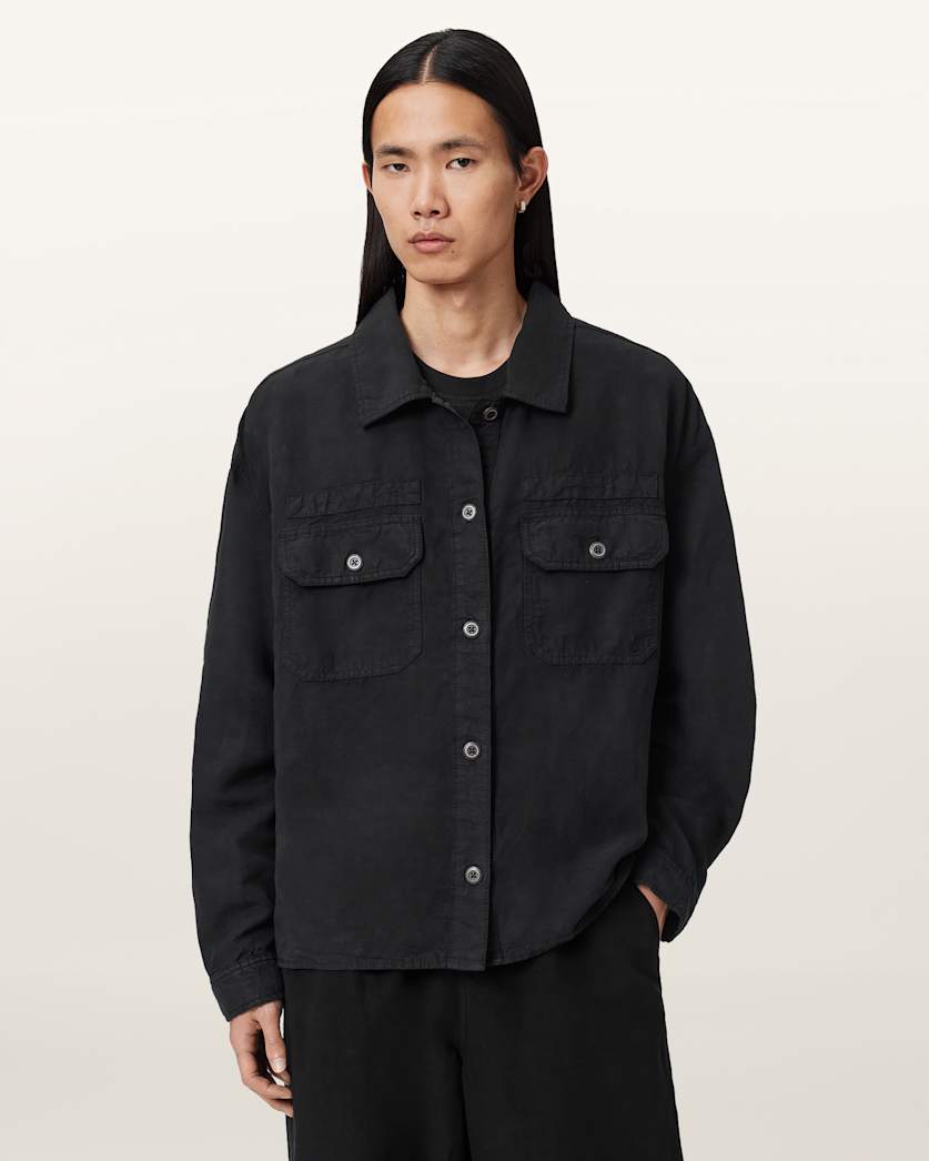 AllSaints Korten Linen Blend Relaxed Fit Shacket Black