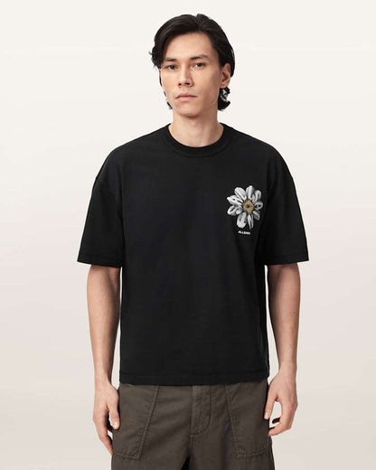 AllSaints Petals Oversized Short Sleeve Graphic T Shirt Washed Black