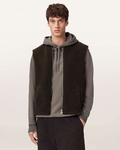 AllSaints Otis Sherpa Boxy Vest Dark Khaki Green