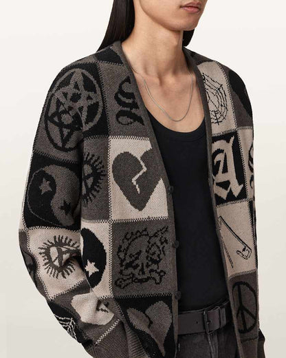 AllSaints Barker Jacquard Cotton Knit Cardigan Taupe Brown/Black
