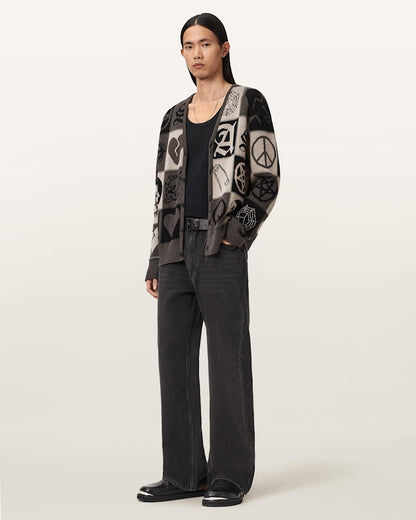 AllSaints Barker Jacquard Cotton Knit Cardigan Taupe Brown/Black