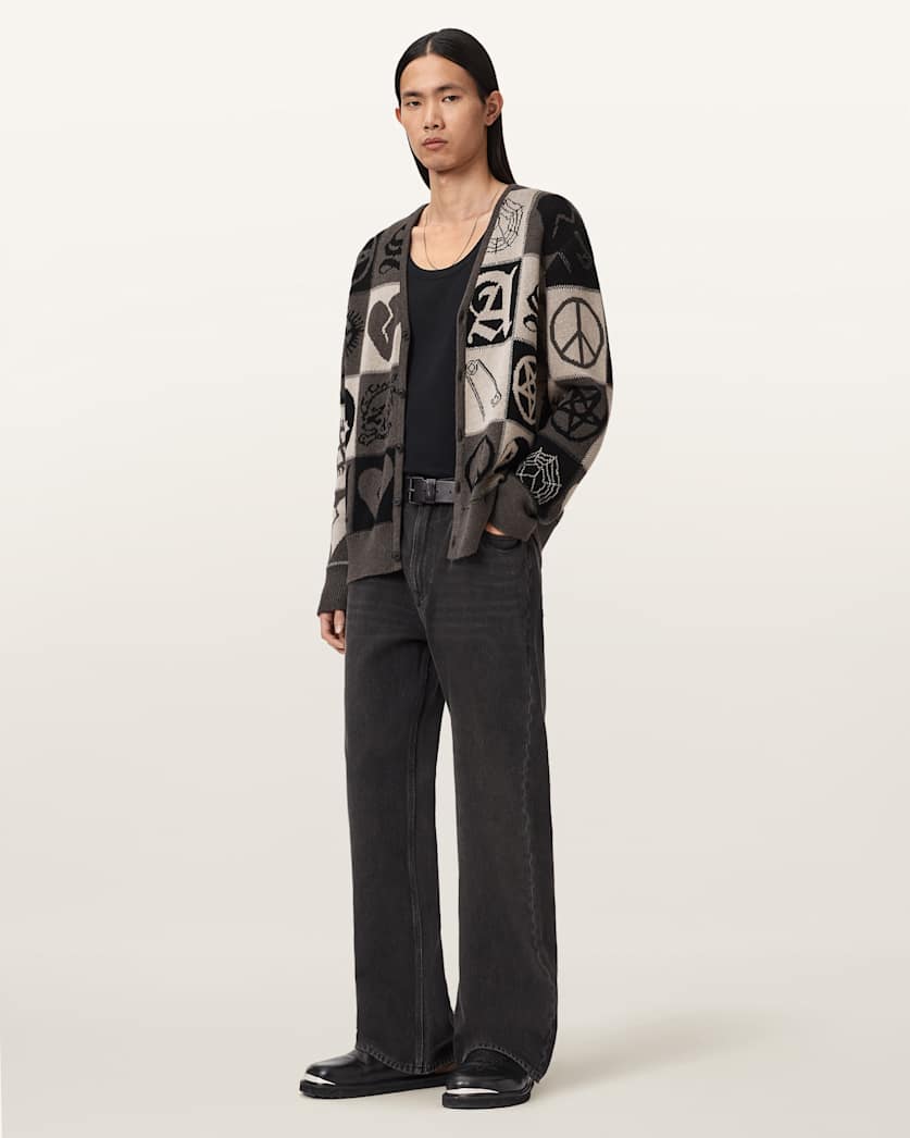 AllSaints Barker Jacquard Cotton Knit Cardigan Taupe Brown/Black