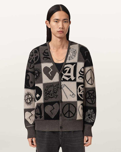 AllSaints Barker Jacquard Cotton Knit Cardigan Taupe Brown/Black