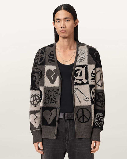 AllSaints Barker Jacquard Cotton Knit Cardigan Taupe Brown/Black