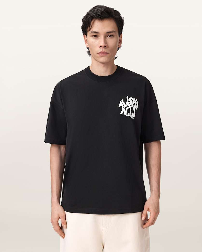 AllSaints Orlando Logo Print Oversized T Shirt Pebble Grey