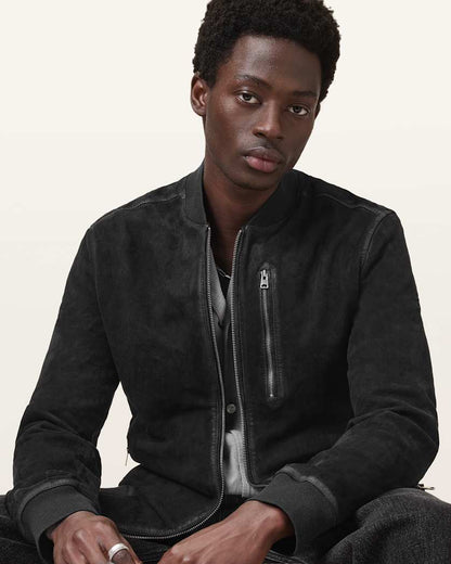 AllSaints Kemble Suede Bomber Jacket Black