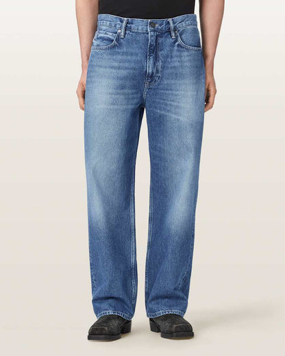 AllSaints Mullen Straight Leg Loose Denim Jeans Mid Indigo