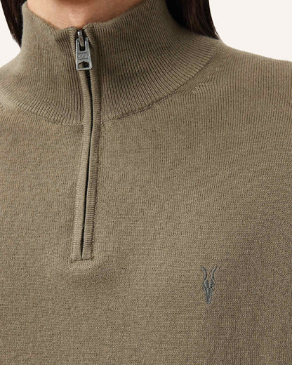 AllSaints Kilburn Zip Funnel Neck Ramskull Sweater Dusky Green