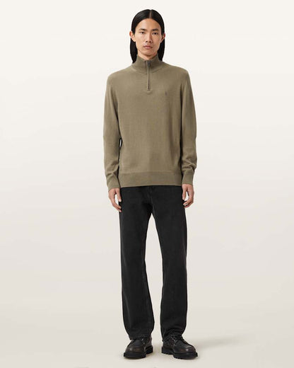 AllSaints Kilburn Zip Funnel Neck Ramskull Sweater Dusky Green