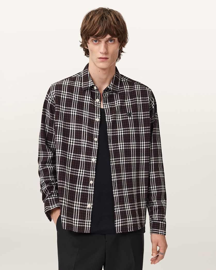AllSaints Santiago Long Sleeved Check Shirt Brown