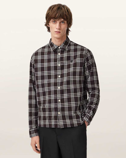 AllSaints Santiago Long Sleeved Check Shirt Brown