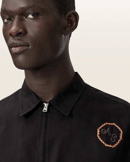 AllSaints Laurel Long Sleeve Embroidered Zip Up Shirt Orca Black
