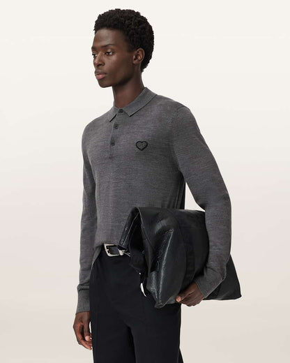 AllSaints Lover Merino Long Sleeve Polo Monument Gray