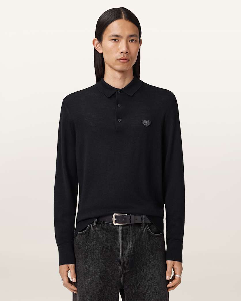 AllSaints Lover Merino Long Sleeve Polo Monument Gray