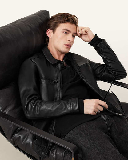 AllSaints Reform Long Sleeve Ramskull Polo Shirt Black