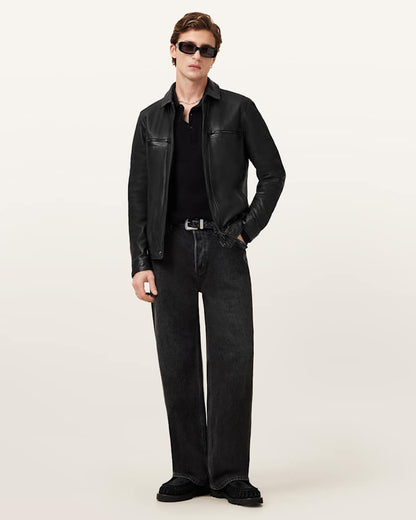 AllSaints Reform Long Sleeve Ramskull Polo Shirt Black