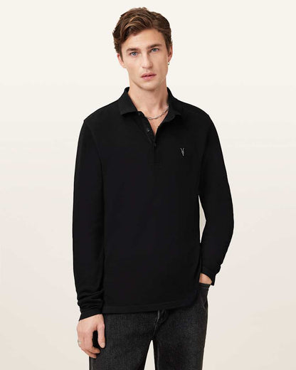 AllSaints Reform Long Sleeve Ramskull Polo Shirt Black