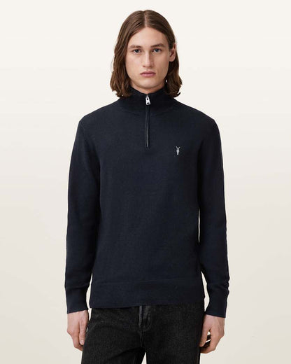 AllSaints Kilburn Zip Funnel Neck Ramskull Sweater Navy Blue