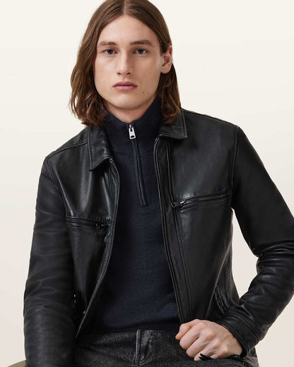 AllSaints Kilburn Zip Funnel Neck Ramskull Sweater Navy Blue