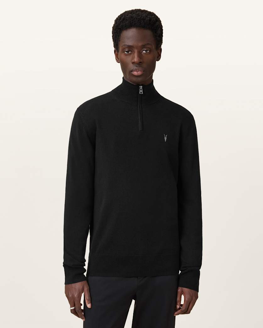 AllSaints Kilburn Zip Funnel Neck Ramskull Sweater Navy Blue