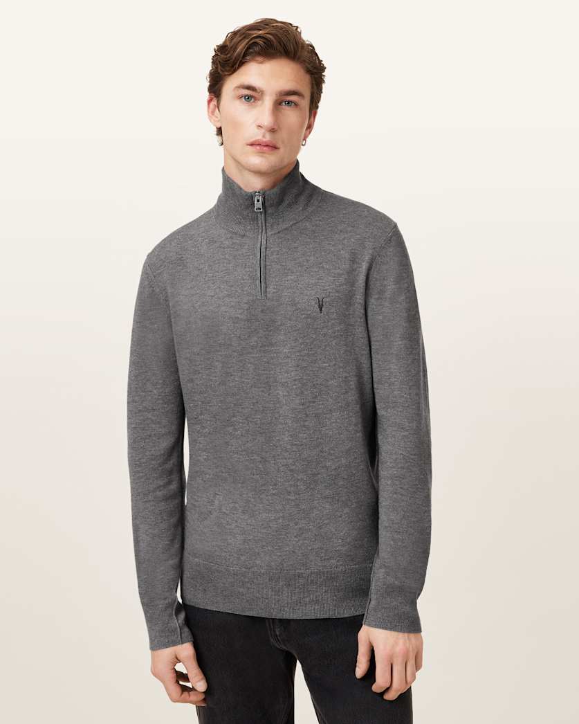 AllSaints Kilburn Zip Funnel Neck Ramskull Jumper Monument Gray