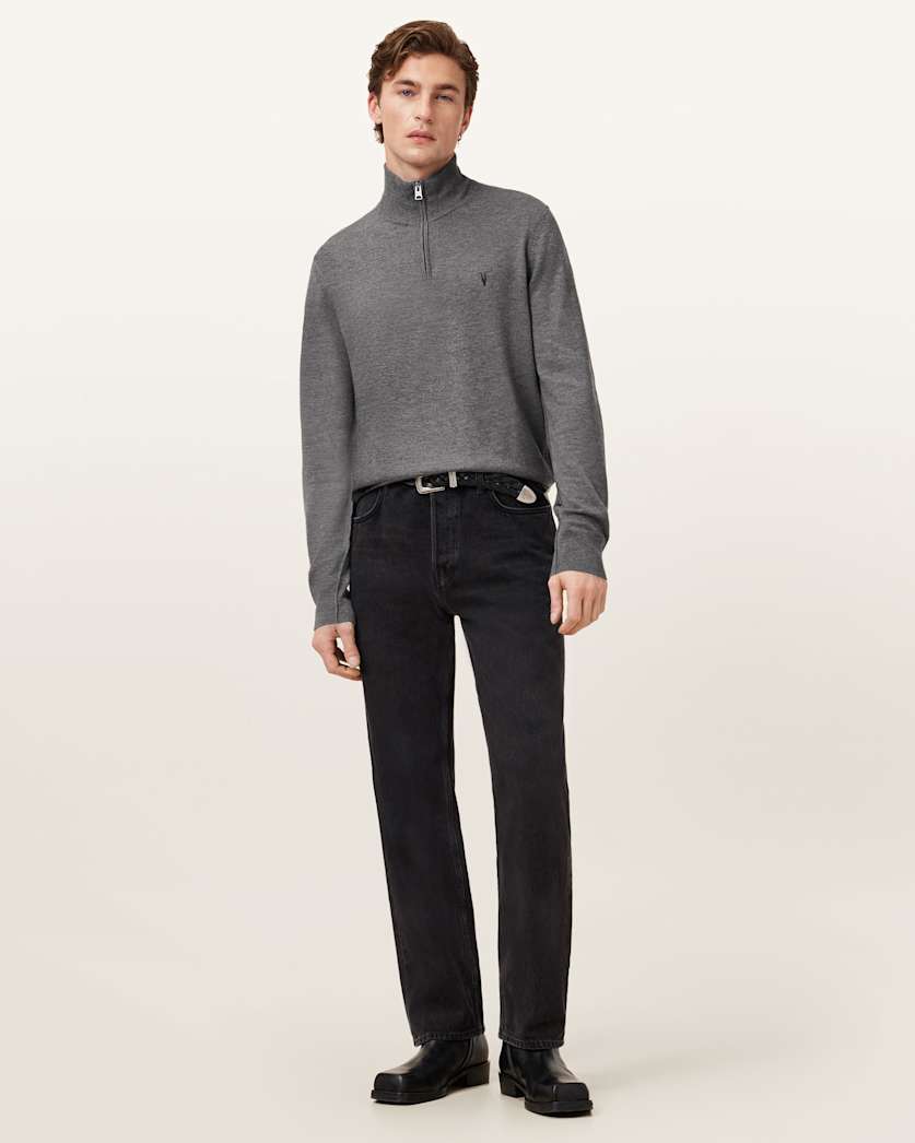 AllSaints Kilburn Zip Funnel Neck Ramskull Jumper Monument Gray