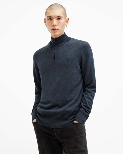 AllSaints Kilburn Zip Funnel Neck Ramskull Sweater Navy Blue