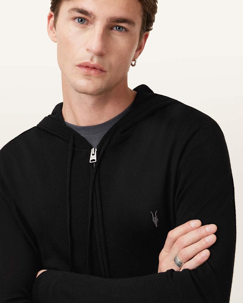 AllSaints Mode Merino Zip Up Ramskull Hoodie Black