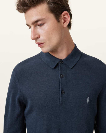 AllSaints Mode Merino Long Sleeve Ramskull Polo Shirt Navy Blue