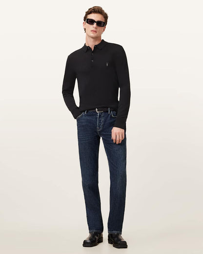 AllSaints Mode Merino Long Sleeve Ramskull Polo Shirt Navy Blue