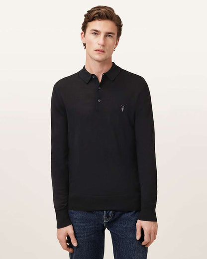 AllSaints Mode Merino Long Sleeve Ramskull Polo Shirt Navy Blue