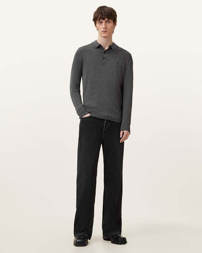 AllSaints Mode Merino Long Sleeve Ramskull Polo Shirt Navy Blue