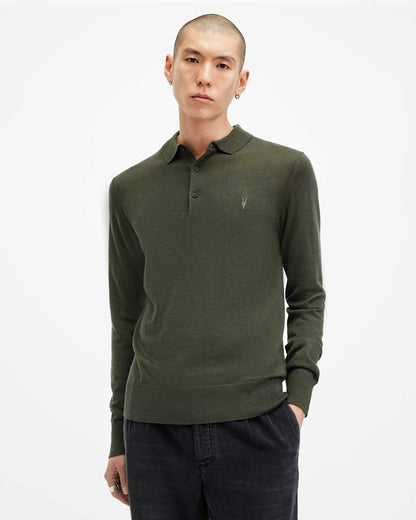 AllSaints Mode Merino Long Sleeve Ramskull Polo Shirt Navy Blue