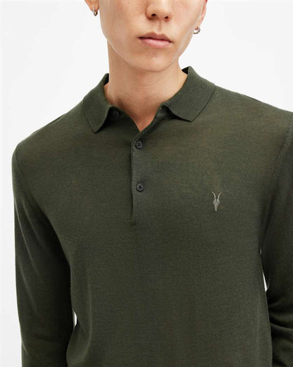 AllSaints Mode Merino Long Sleeve Ramskull Polo Shirt Navy Blue