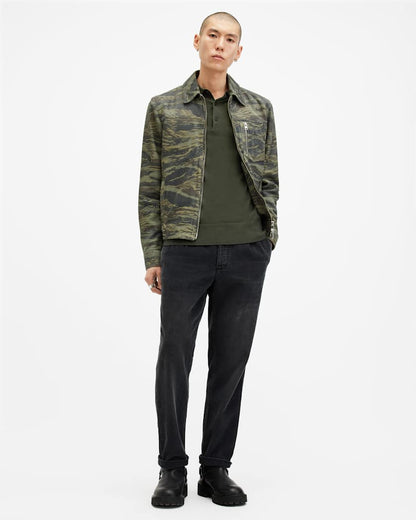 AllSaints Mode Merino Long Sleeve Ramskull Polo Shirt Navy Blue