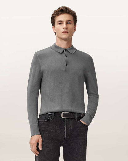 AllSaints Mode Merino Long Sleeve Polo Shirt Asher Grey