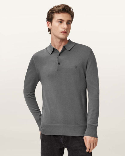 AllSaints Mode Merino Long Sleeve Polo Shirt Asher Grey